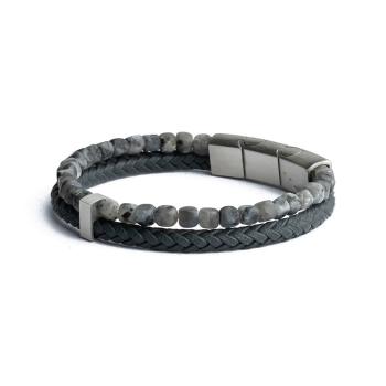 Doppelarmband mit italienischem Leder und 4 mm Larvikit-Stein - Double Grey